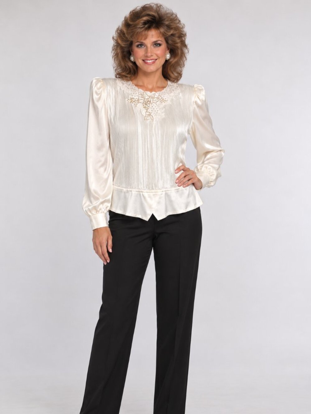 Vtg Secretary Blouse Women's 12 Beaded Neckline Shoulder Pads Nicola